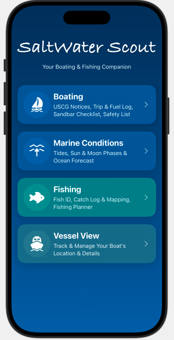 SaltWater Scout Marine Weather and Fishing App Interface